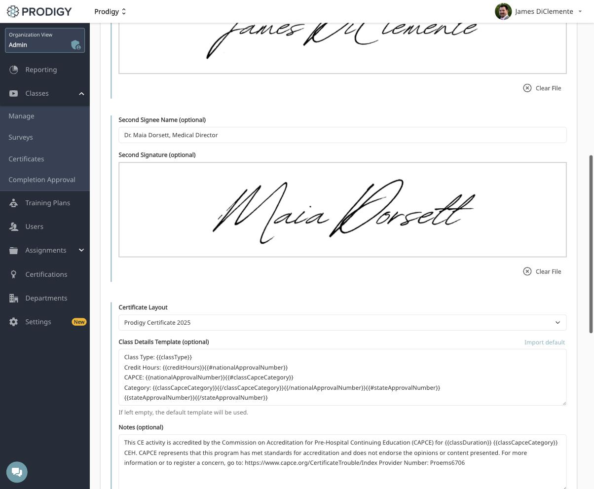 Certificate template edit page showing the Certificate Layout dropdown