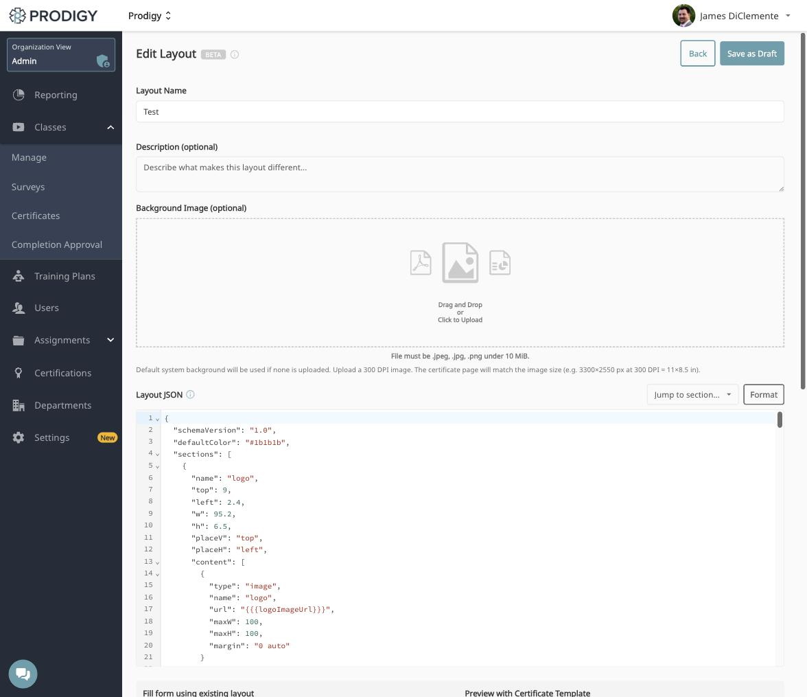 Edit Layout page showing layout name, description, background image upload, and the layout JSON editor