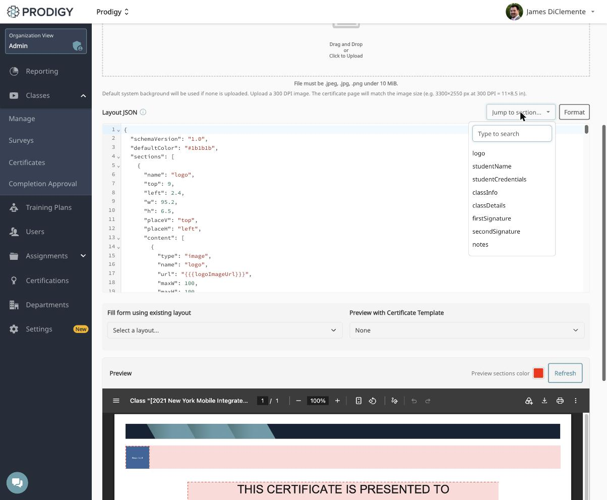 Jump to section dropdown listing the sections defined in the layout JSON