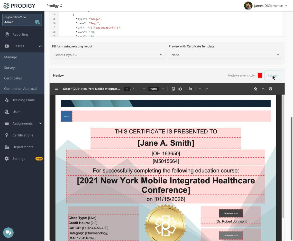 Certificate layout preview with section boxes highlighted in color
