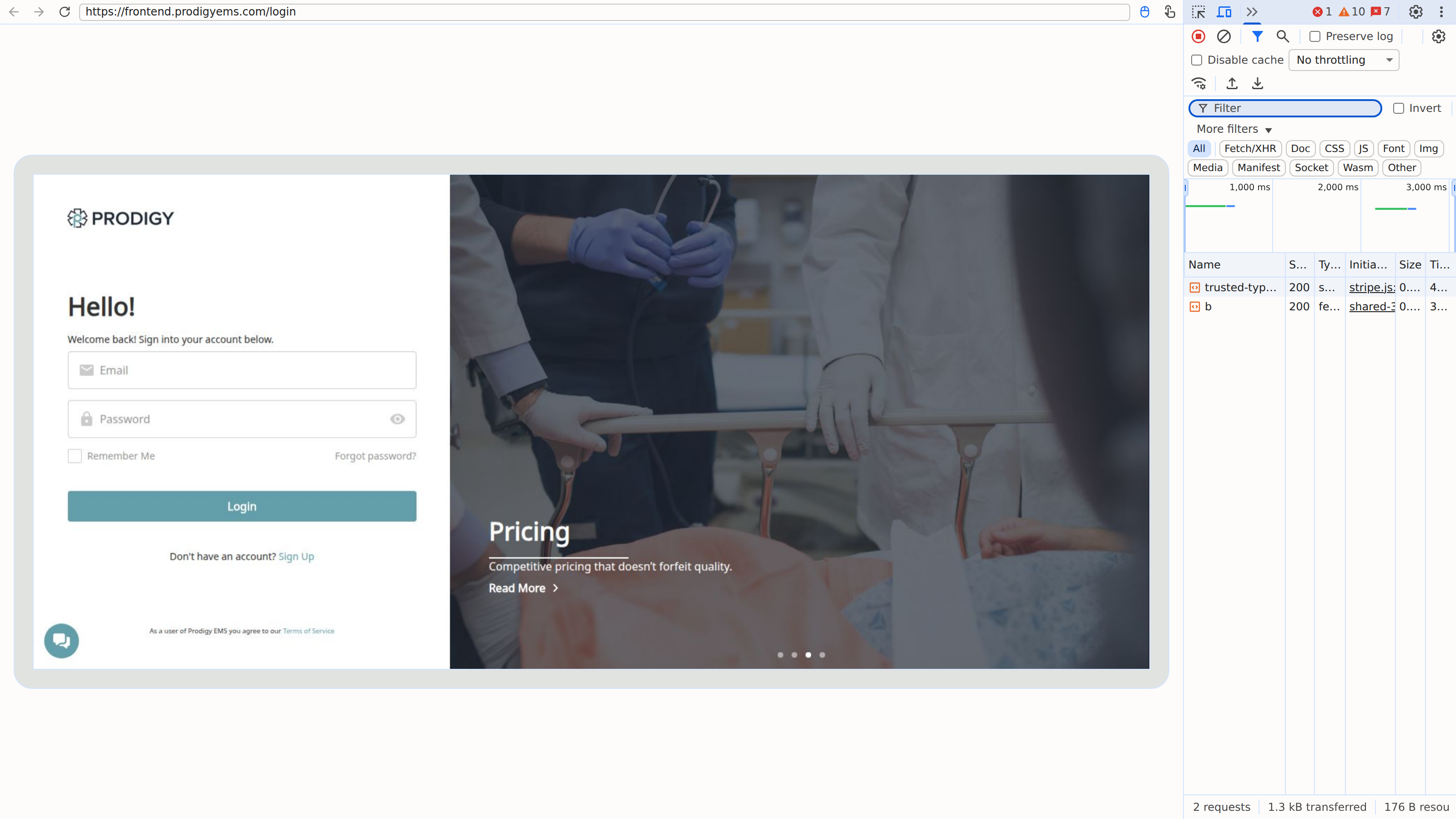 Prodigy login page with Chrome Developer Tools docked to the right side of the browser window