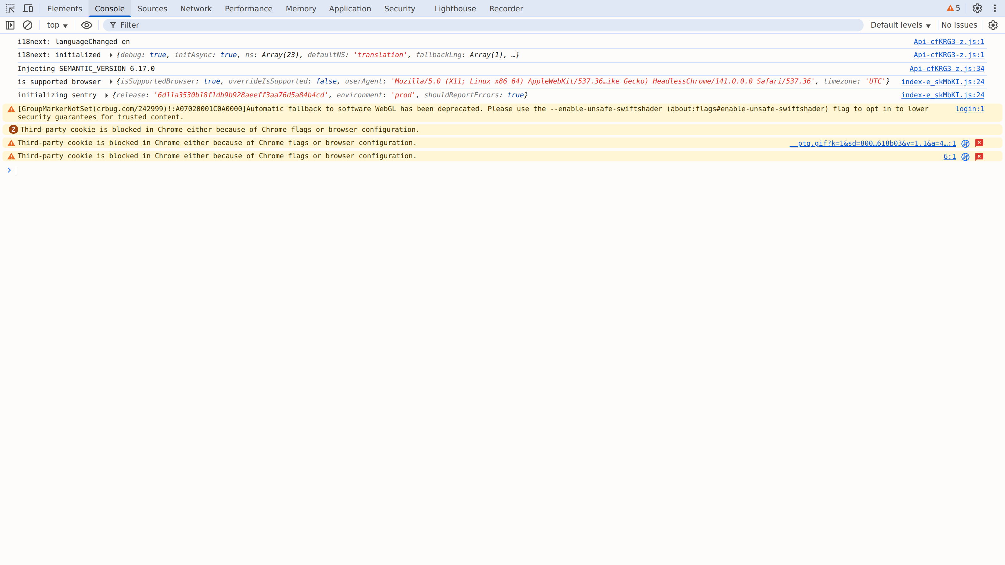 DevTools Console tab showing application messages and warnings