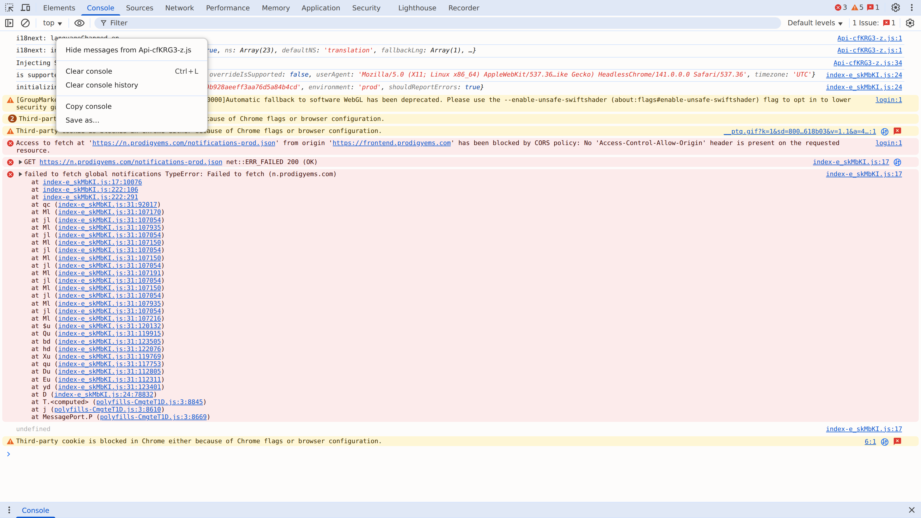 Right-click context menu in the Console with the Save as option