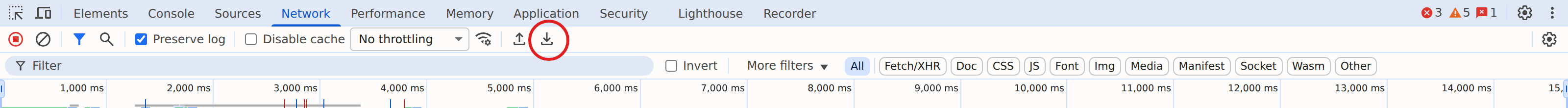 Network tab toolbar with the Export HAR down-arrow button circled in red