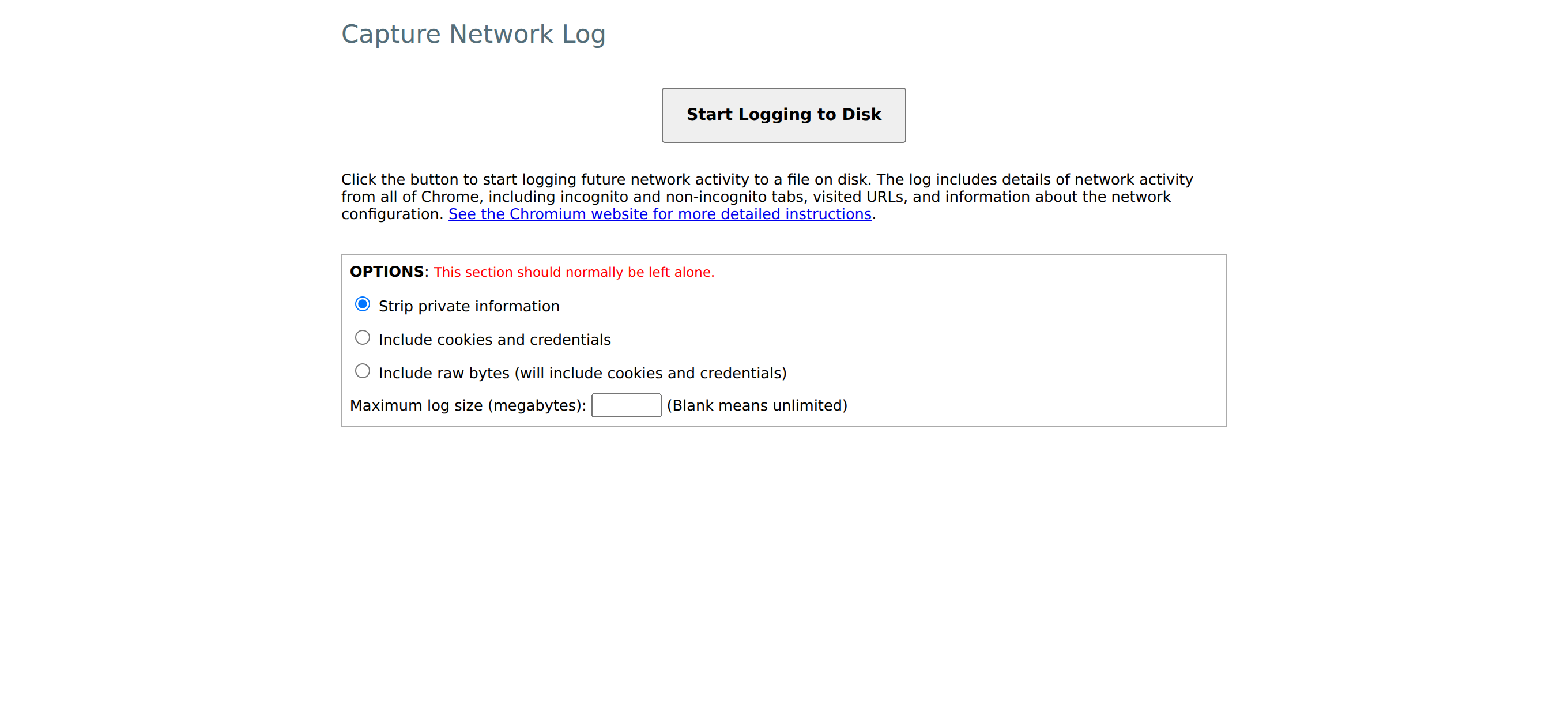 Chrome's Capture Network Log page with the Start Logging to Disk button and the Strip private information option selected
