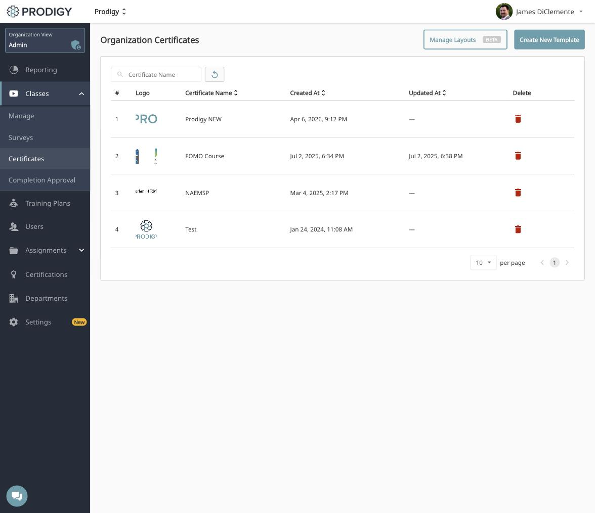 Organization Certificates page with the Manage Layouts button