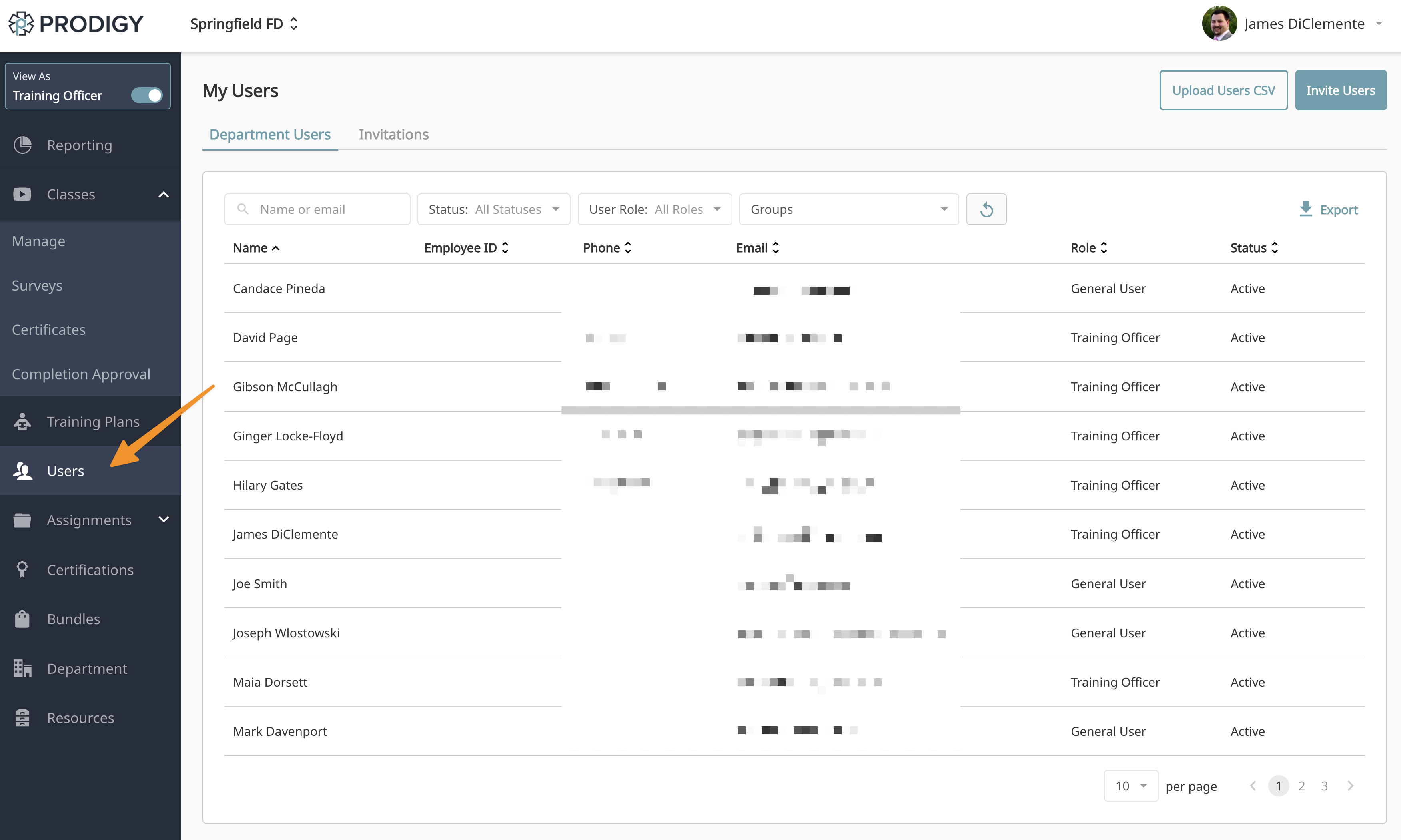 My Users page showing department users list with filters