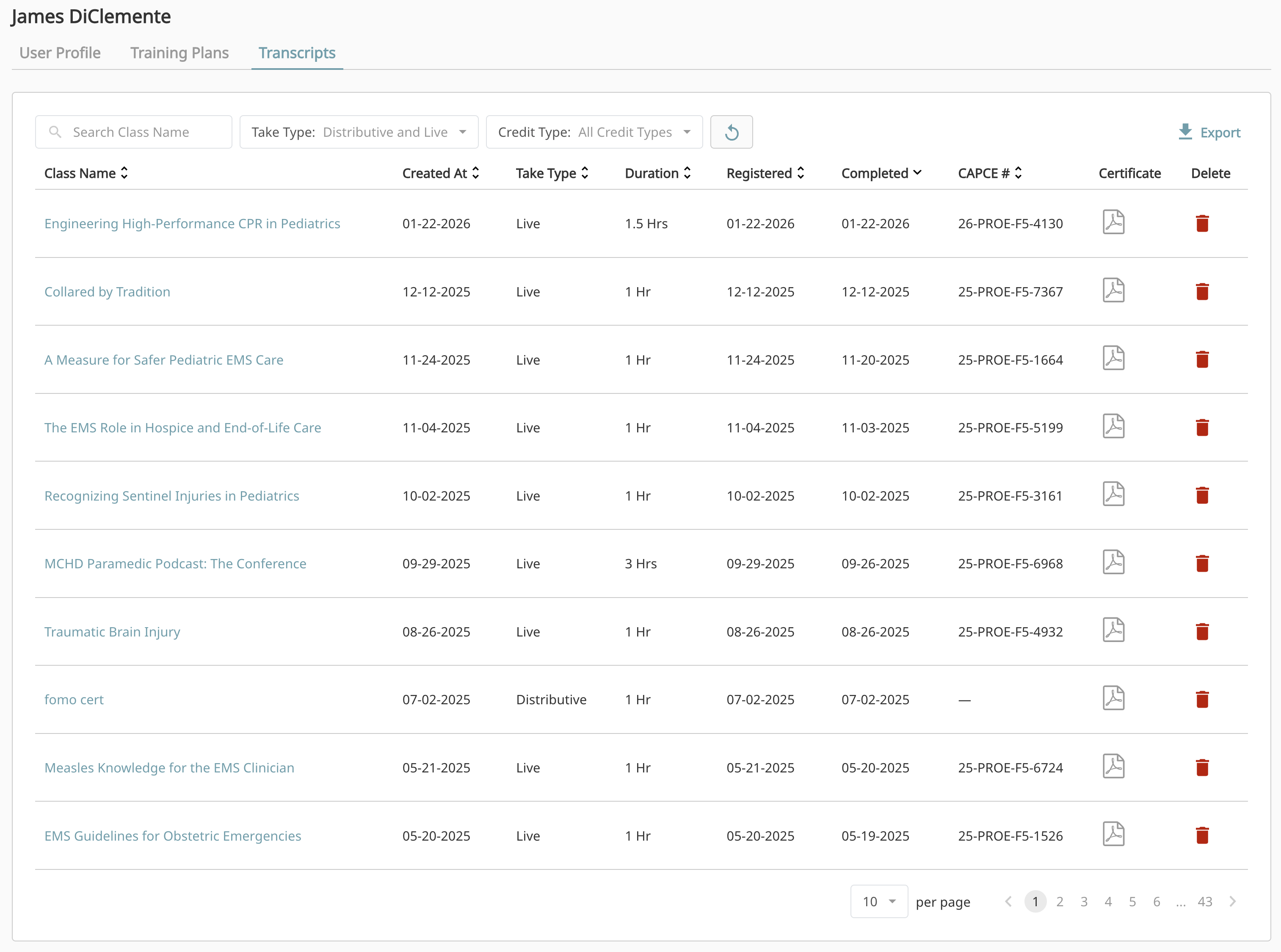 Transcripts tab showing completed classes with filters and certificate downloads