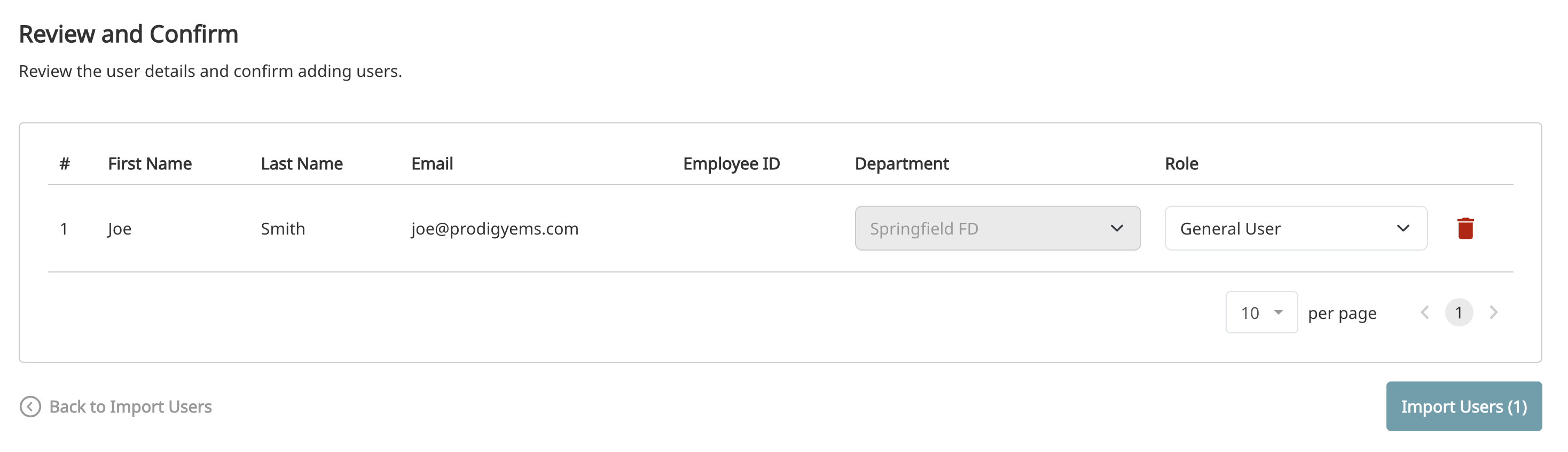 Review and Confirm screen showing imported user details with department and role dropdowns