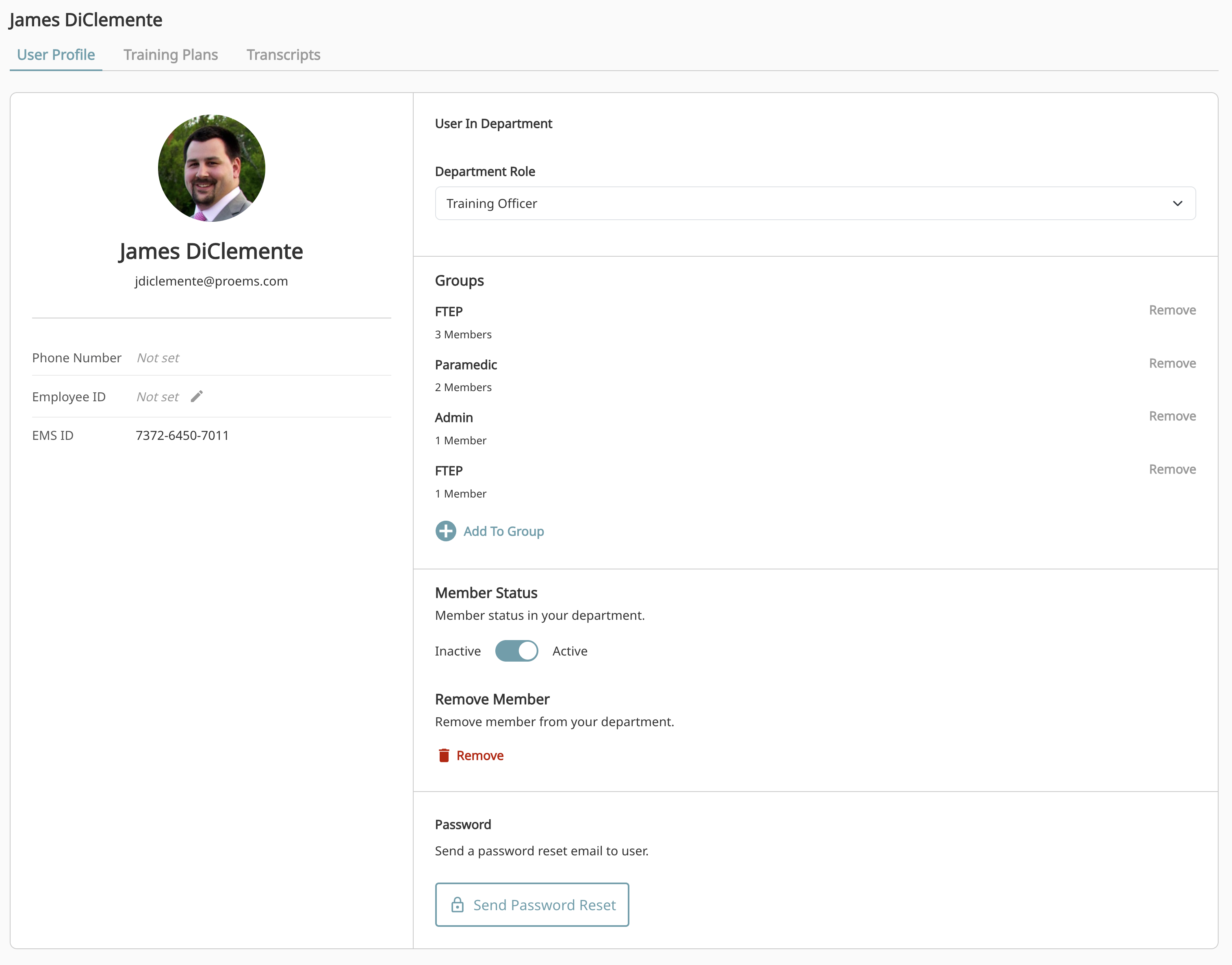 User Profile showing contact info, department role, groups, status, and password reset