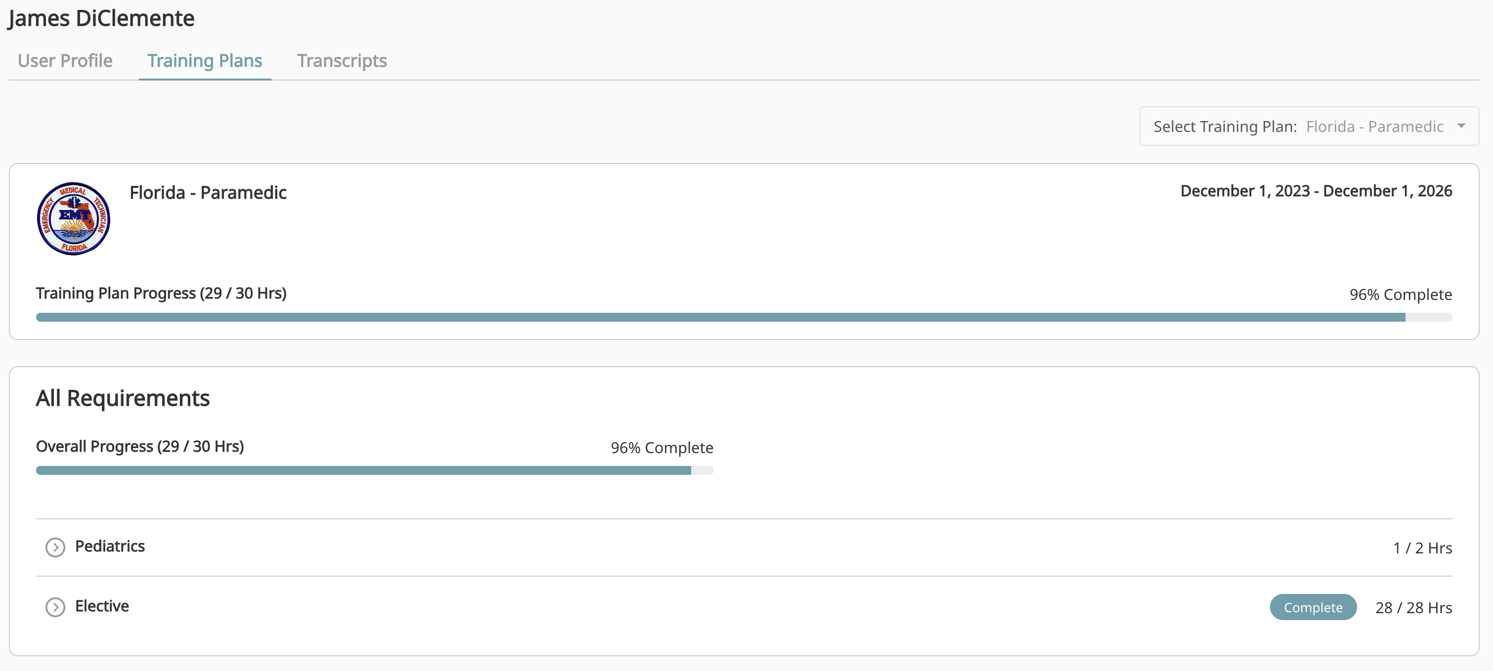 Training Plans tab showing plan progress with requirement categories